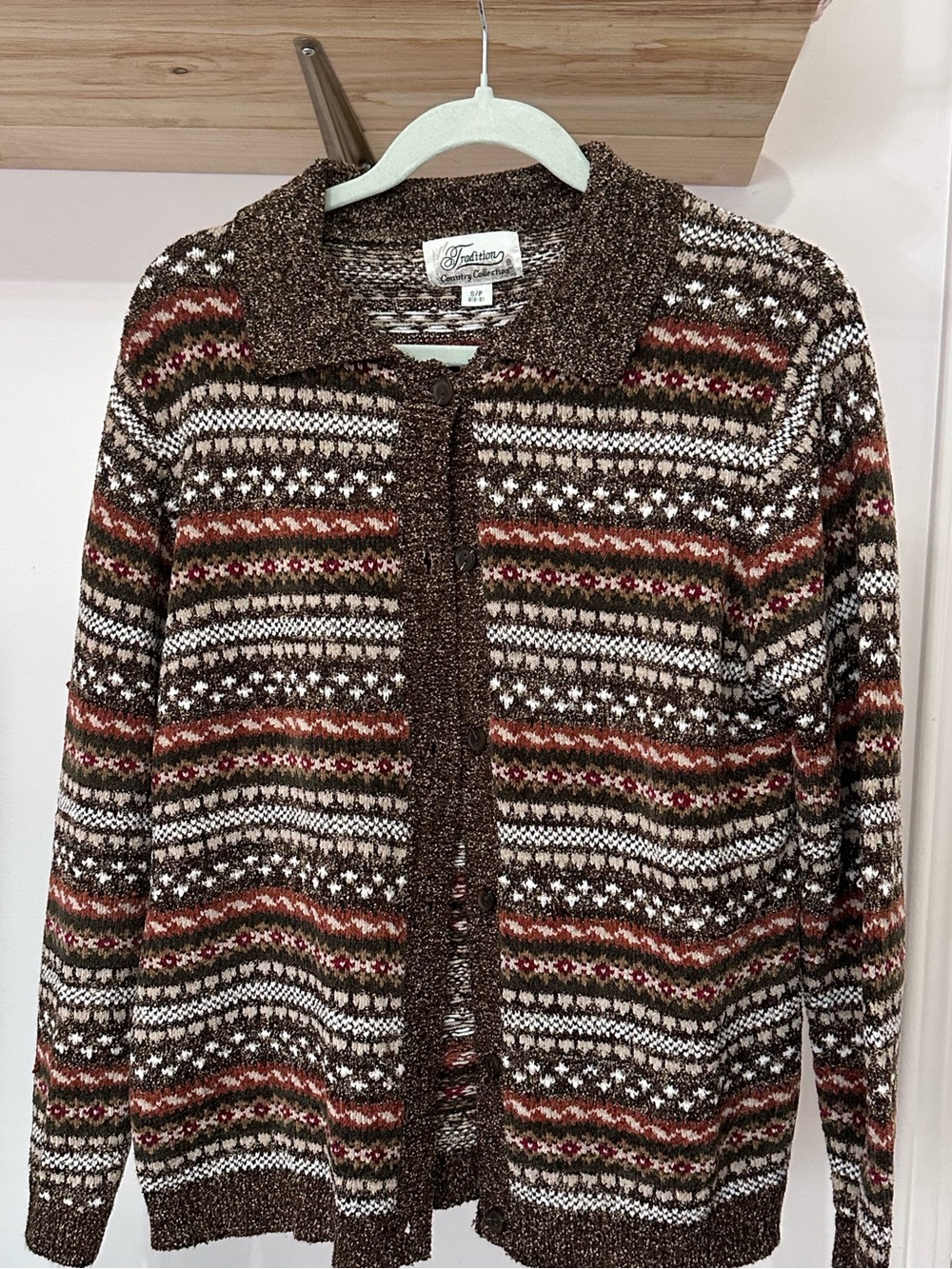 Vintage Brown Fair Isle Collared Knit Cardigan Sweater